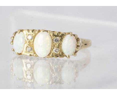 An 18ct gold opal and diamond dress ring, the three oval cabochon white precious opal gems alternately set with pair of diamo