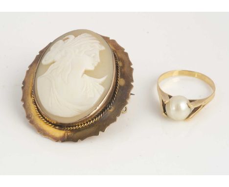 A continental yellow metal cultured pearl dress ring, ring size R, outer shank marked with strike marks, together with a 9ct 