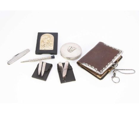 Several modern small silver items, including two pairs of silver collar stiffeners in cases, a silver mounted pocket knife, a