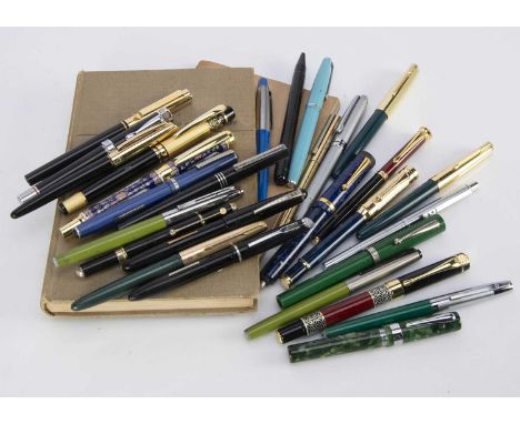 A collection of various fountain pens, AF, including one marked Harley Davidson, approx 26