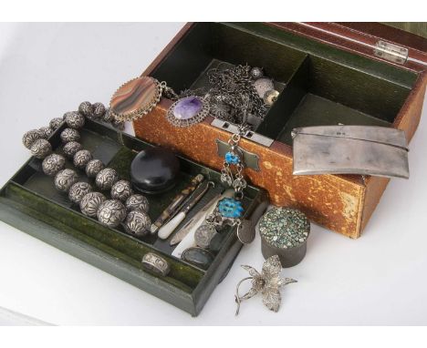 A collection of silver jewels,  presented in a brown leather jewel box, including bead white metal necklace, mother of pearl 