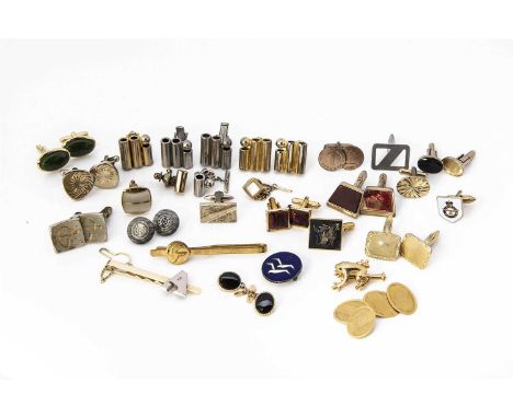 A pair of 9ct gold cufflinks, oval shaped with engine turned stripe, together with a pair of Onyx small cufflinks both with c