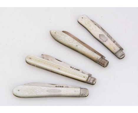 Four Victorian and later silver and mother of pearl folding pocket fruit knives, two with inset silver panels, each with engr