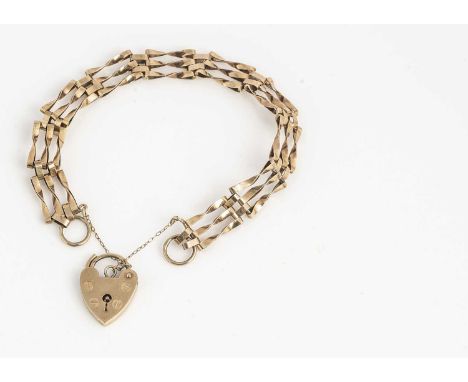 A 9ct gold three bar twist gate link bracelet,  with a padlock clasp, 18 cm long, 8g
