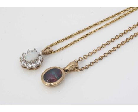 Two opal set pendants, both in 9ct gold, one example in plain setting the other surrounded by CZs, black opal a doublet, 6.5g