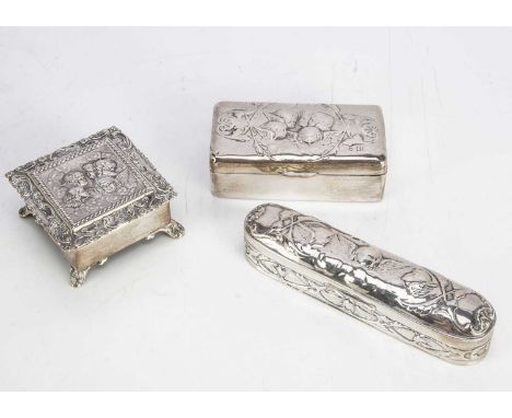 Three Victorian and later silver vanity boxes, each with raised angel design, one square trinket box and two further boxes (3