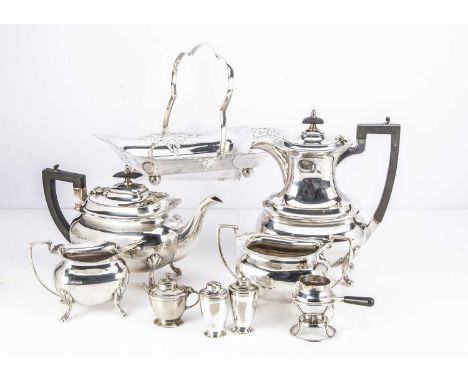 A George VI silver four piece tea set by Walker & Hall and other items, the tea set with hot water, teapot, milk and sugar ba