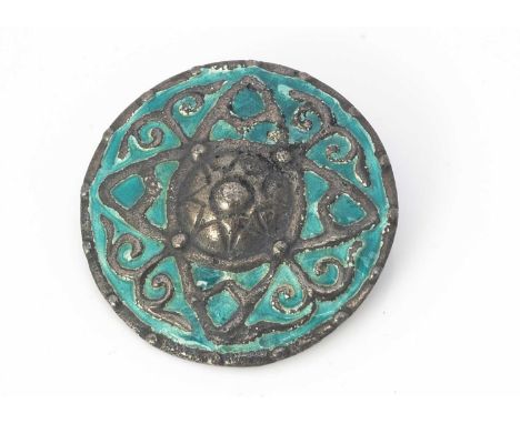 An Iona Alexander Ritchie silver and enamel style circular Celtic brooch, in sea green enamel, marked to base AR Iona, 3.2 cm