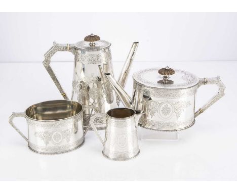 A good Victorian four piece silver tea set by Frederick Elkington, comprising hot water pot, 23.5cm high, teapot, milk jug an