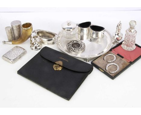 A collection of Victorian and later silver and other items, including an Elkington silver plated salver, a black leather purs
