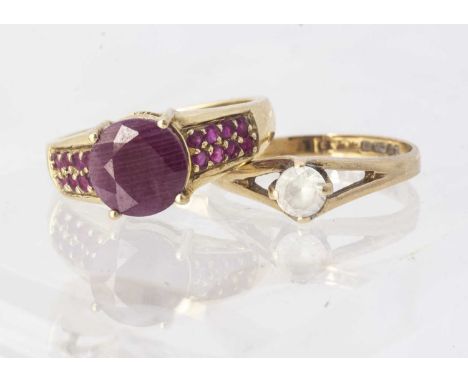 Two 9ct gold gem set dress rings,  including a ruby example, and a paste solitaire, ring size L, 4.9g
