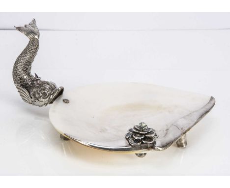 A modern silver and mother of pearl shell dish, marked to underside, 29cm wide, with dolphin to one side and silver mount and