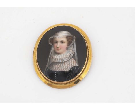 A 19th Century oval Viennese porcelain portrait miniature, of a lady in white lace bonnet and ruff in 9ct gold mount, with fl
