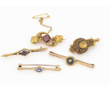 A collection of 9ct gold and gilt metal bar brooches, including two garnet examples, an agate and seed pearl star and a sapph