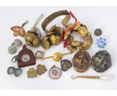 A small collection of costume jewels and military/Naval buttons, including a pair of Chinese Buddha hardstone ear studs, an e