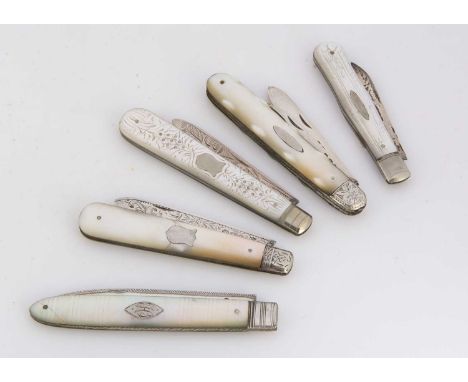 Five Victorian and later silver and mother of pearl folding pocket fruit knives, one with two blades, each with inset silver 