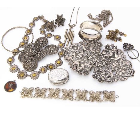 a collection of silver and white metal jewels, including a large belt buckle, six buttons, snuff box , napkin ring and other 