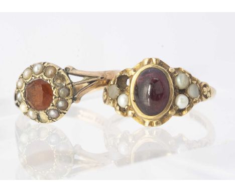 Two 9ct gold gem set dress rings,  including a citrine and seed pearl cluster ring size J, a garnet example size K, 5.3g