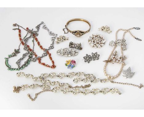 A coral and and gilt metal necklace,  a white metal and glass bead work necklace, paste items and a simulated seed pearl and 