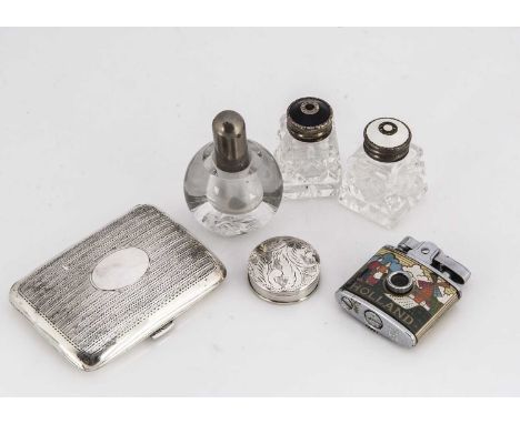 A pair of small cut glass and silver and enamel peppers and other items, including a silver cigarette case and pill box, a gl