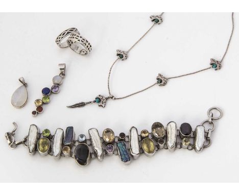A multi gem and blister pearl bracelet,  all set in silver, baton and circular clasp, 22 cm, together with a small collection