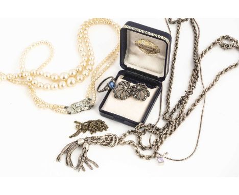 A knotted silver necklace, with tassel drops, 27.5 cm long, a pair of marcasite ear studs, another rope twist necklace and ot