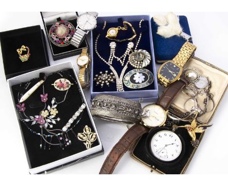 A silver open faced fob watch, with blue steel hands, plated watch chain, Mexican mother of pearl and abalone brooch and othe