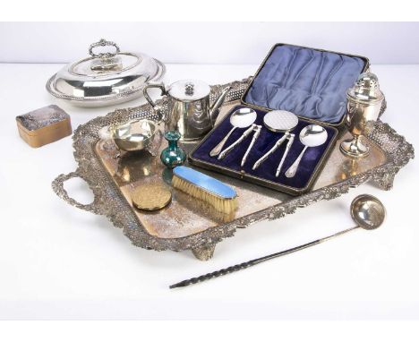A collection of silver and silver plate, including a large twin handled plated tray, 74cm wide, a Georgian toddy ladle, and m