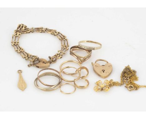 A collection of gold, including a diamond set half hoop dress ring, a Russian wedding band, a three bar gate link bracelet wi