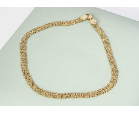 An 18ct gold necklace, the mess type fine chain united by a snap clasp, 42 cm long 22g (in a light green Pravins box)