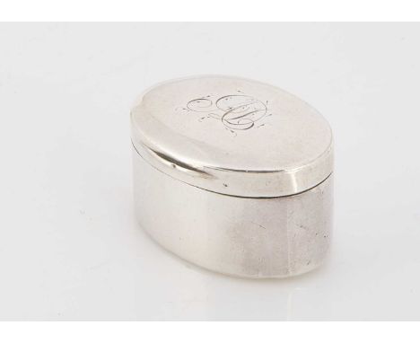 A George III silver nutmeg grater by Matthew Linwood, 3.5cm wide, plain oval box with initials to lid opening to reveal hinge