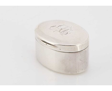 A George III silver nutmeg grater by Matthew Linwood, 3.5cm wide, plain oval box with initials to lid opening to reveal hinge