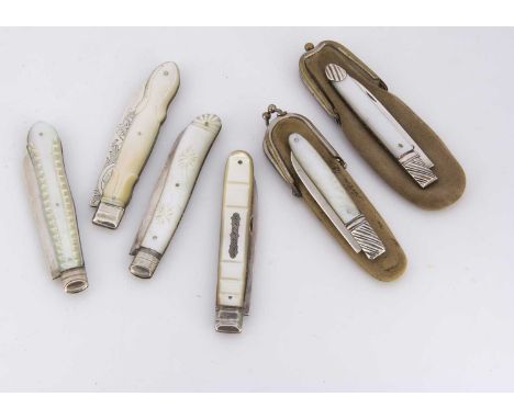 Six Georgian and Victorian silver and mother of pearl pocket knives, with two small cases (8)PLEASE SEE ADDITIONAL IMAGES. AL