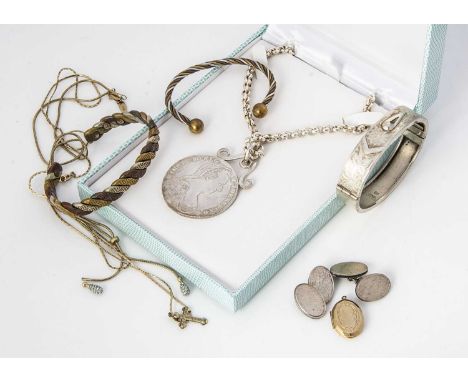 A cased Maria Teresa coin medallion pendant and silver chain,  together with a silver bangle, mixed metal torque bangles, pai
