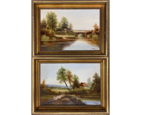 British School, 20th Century, A pair of rustic landscapes featuring a cottage overlooking a bridge, the other with a gate lea