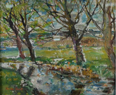 MARGARET FISHER PROUT A R A., R W S (1875-1963) OIL PAINTING ON BOARD 'Willows at Winchelsea' a plein-air study Signed lower 