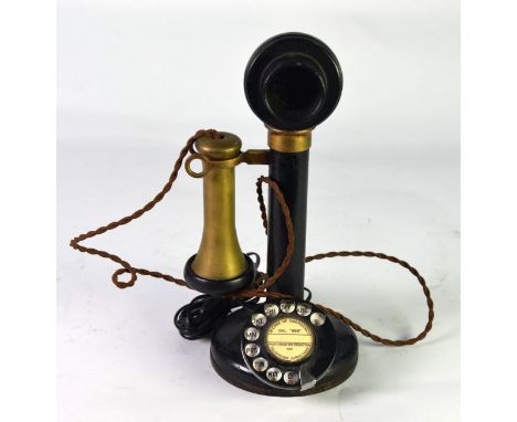 VINTAGE GPO CANDLESTICK&nbsp; BLACK METAL ROTARY DIAL PEDESTAL TELEPHONE surmounted by a black Bakelite speaker and brass tul