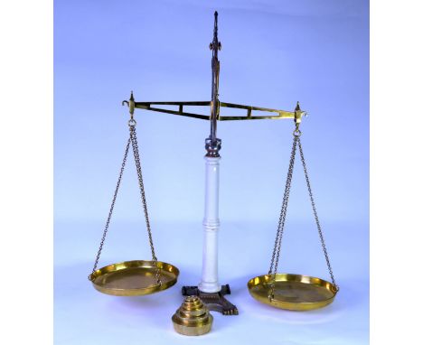 EDWARDIAN W &amp; T AVERY CAST IRON and POLISHED BRASS BALANCE with two chain-suspended BRASS SCALES, stamped E R 5 08, with 