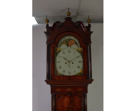 LONGCASE CLOCKS: George III 19th century mahogany north country longcase clock with arched rolling moon-phase dial signed Glo