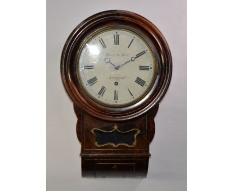 MORATH BROTHERS, LIVERPOOL, BRASS MOUNTED AND INLAID MAHOGANY AND WALNUT CASED DROP DIAL WALL CLOCK, the 9 ½” enamelled Roman