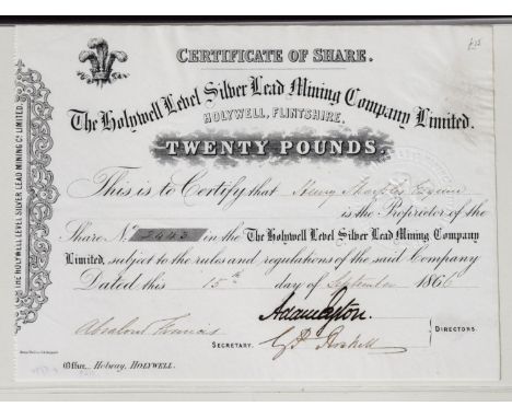 BANKNOTES: Holywell Level Silver Lead Mining Company Ltd. £20 share certificate 1866 15th of September, no 2443, complete wit