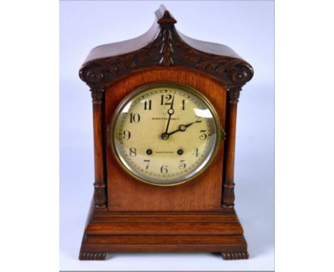 LATE VICTORIAN/EDWARDIAN OAK CASED MANTEL CLOCK, the German coiled gong striking movement by WINTERHALDER &amp; HOFMEIER, the