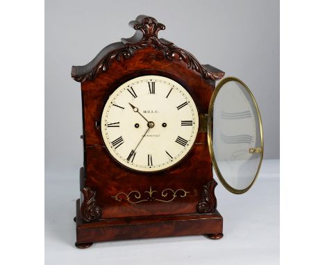 EARLY NINETEENTH CENTURY FIGURED MAHOGANY AND BRASS INLAID BRACKET CLOCK, SIGNED HILLS, SUDBURY, the 8” enamelled Roman dial,