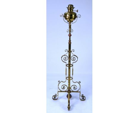 WAS BENSON STYLE BRASS ADJUSTABLE OIL STANDARD LAMP WITH GLASS FUNNEL 