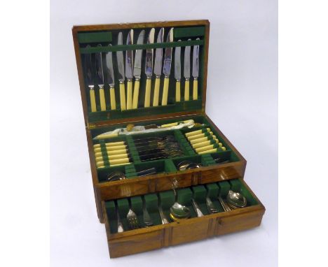 ART DECO OAK TABLE TOP CANTEEN, with an electroplat table service of Early English pattern CUTLERY for six persons, 63 pieces