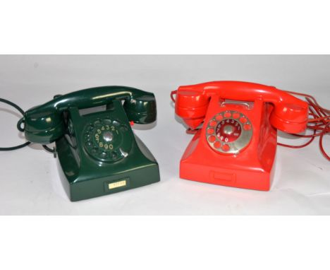 L. M. ERICSSON SWEDISH MADE RED ROTARY DIAL TELEPHONE with rotary dial number 1 to 10, No A3341 and a DARK GREEN TELEPHONE ma