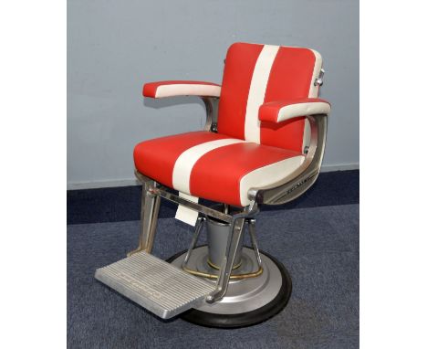 BELMONT APOLLO, Reconditioned vintage Apollo barber chair by Belmont, with red and white colourway, lacking headrest