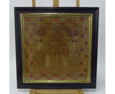 NEEDLEWORK SAMPLER: Late 19th/early 18th century needlework sampler with central scene of Adam &amp; Eve, 17" (43.5 cm) sq., 