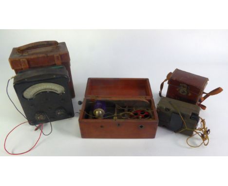 UNIVERSAL AVOMETER with AC DC switches, in leather case; EMI Service Ltd., INSULATION TESTER and a vintage ELECTRIC SHOCK MAC