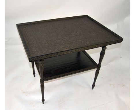 19TH CENTURY ANGLO-INDIAN EBONY TABLE, the tray top supported on screw-in legs, united by a shelf stretcher, 35" [89 cm] W 